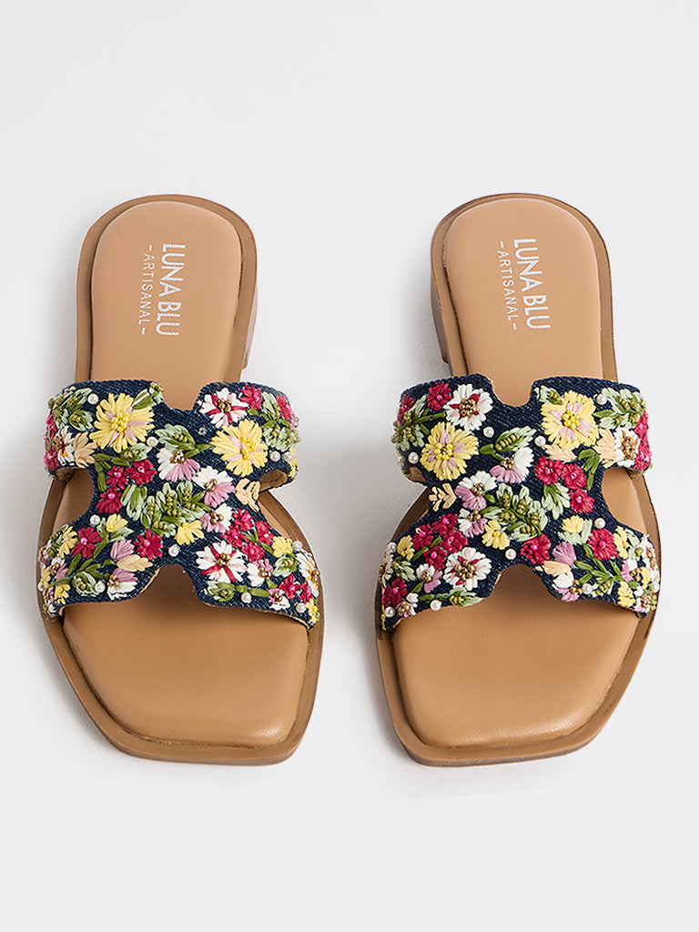 LUNA BLU Dark Blue Floral Embroidered Slides