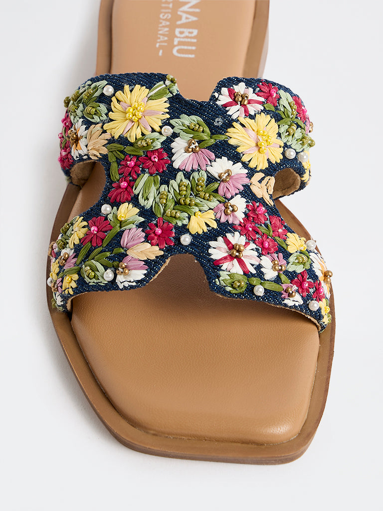 LUNA BLU Dark Blue Floral Embroidered Slides