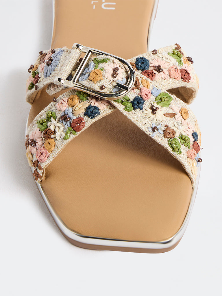 LUNA BLU Multicolour Floral Embroidered Criss-Cross Strap Slides