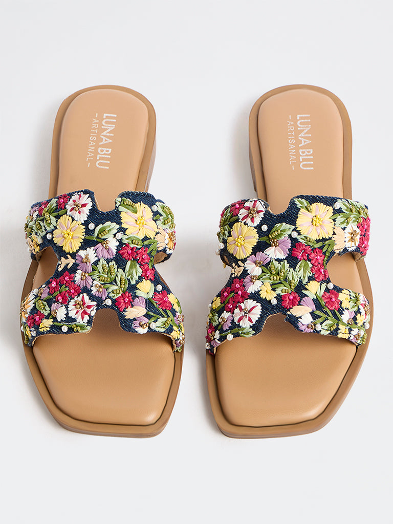 LUNA BLU Multicolour Floral Embroidered Slides