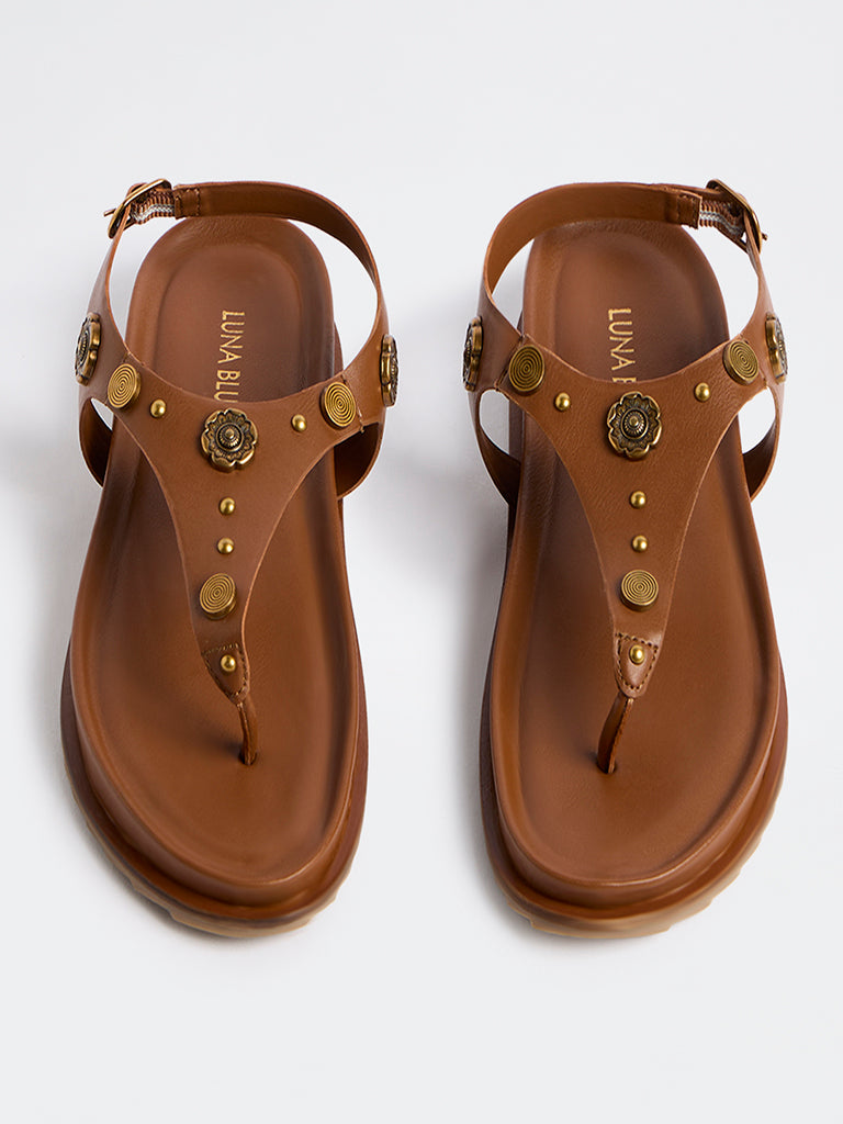 LUNA BLU Tan Embellished Thong-Strap Sandals