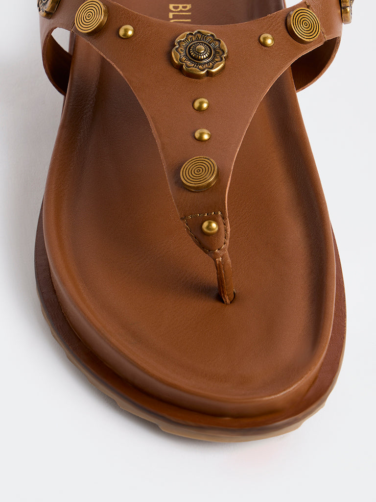 LUNA BLU Tan Embellished Thong-Strap Sandals