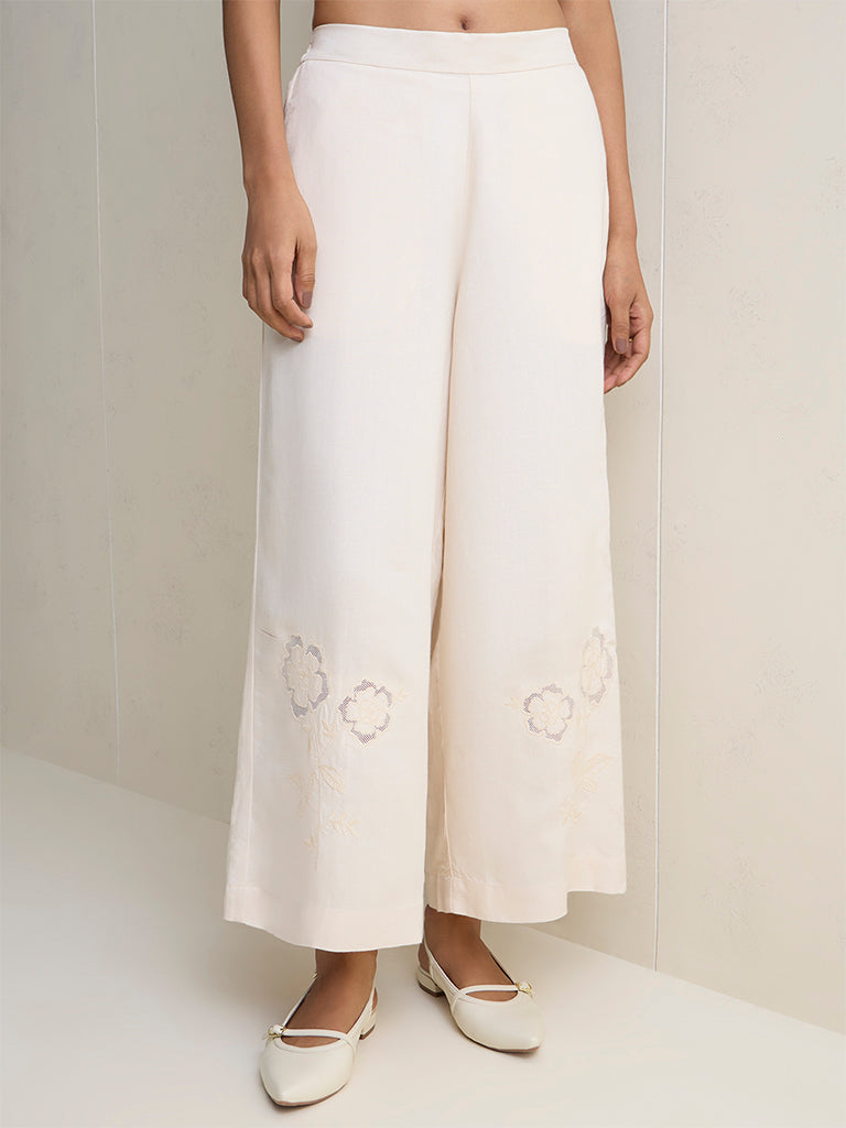 Zuba Off-White Floral Embroidered Linen-Blend Pants