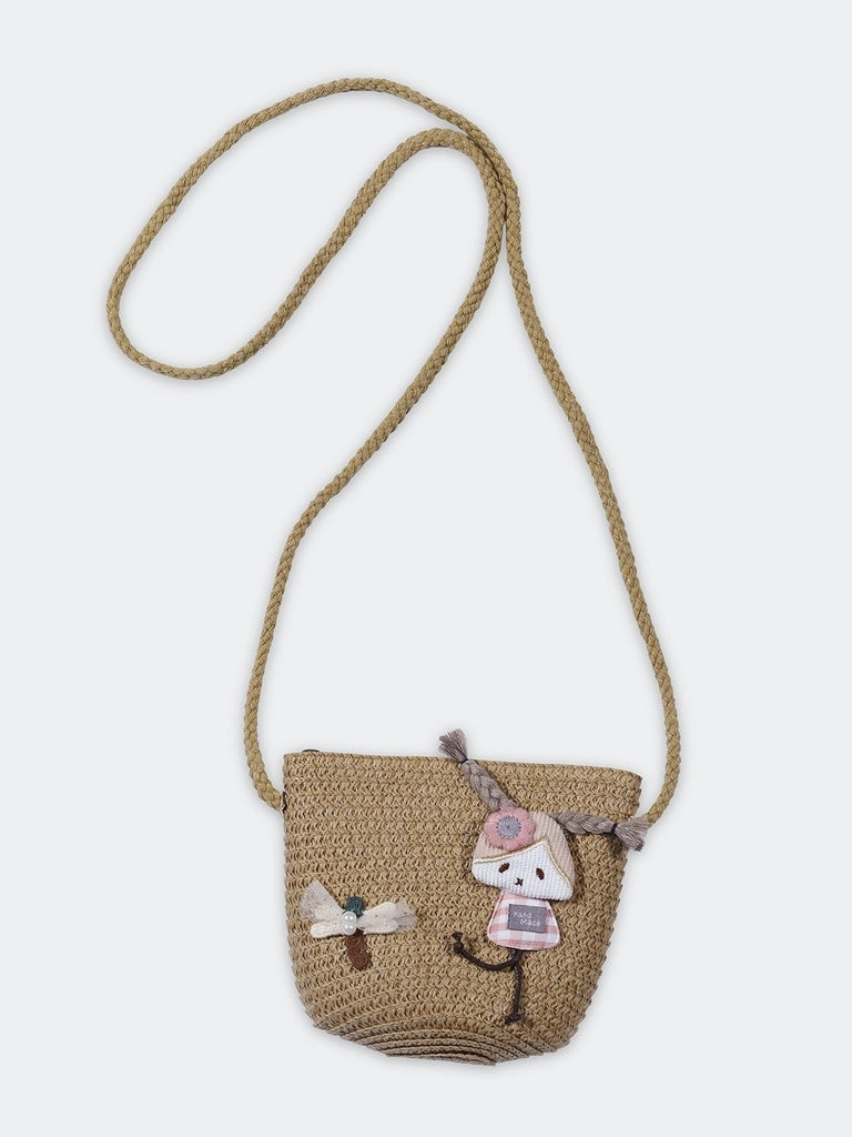 HOP Kids Girls Brown Doll Applique Textured Straw Sling Bag