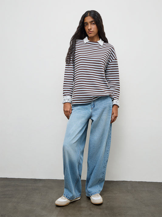Nuon Blue Stripe Pattern Cotton T-Shirt