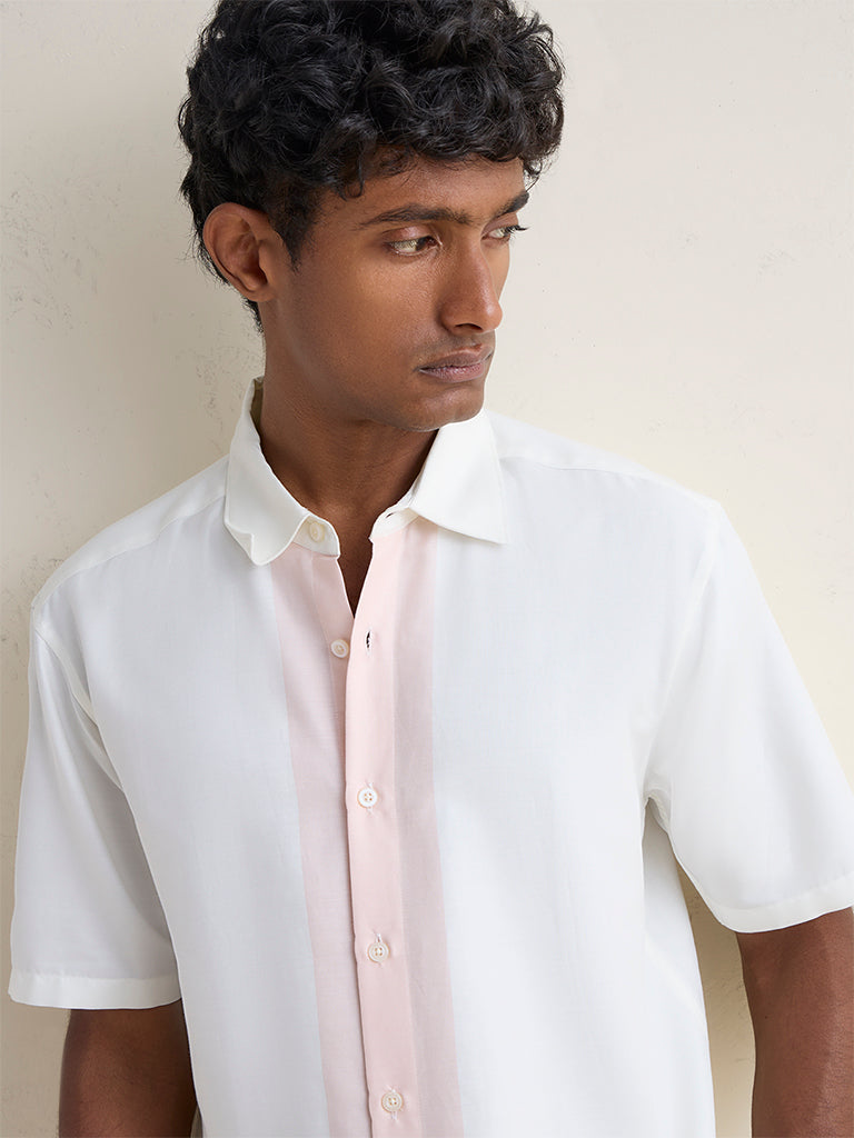 Ascot Off-White Contrast Detailed Relaxed-Fit Cotton-Blend Shirt