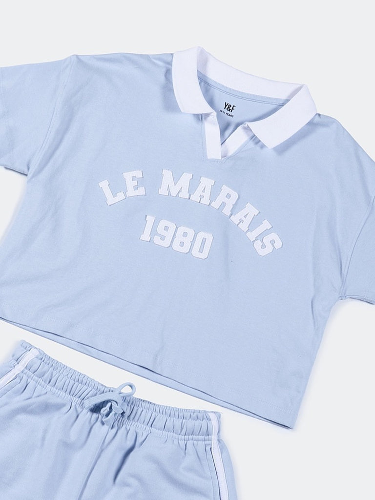 Girls Light Blue Printed Cotton Crop Top And Shorts Set