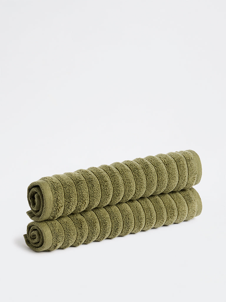 Westside Home Dark Olive Self-Striped Face Towels - Set of 2