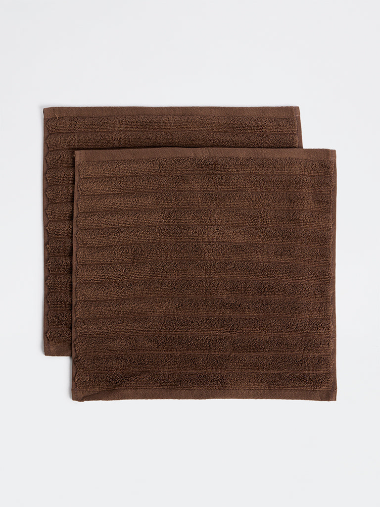 Westside Home Dark Brown Self-Striped Face Towels - Set of 2