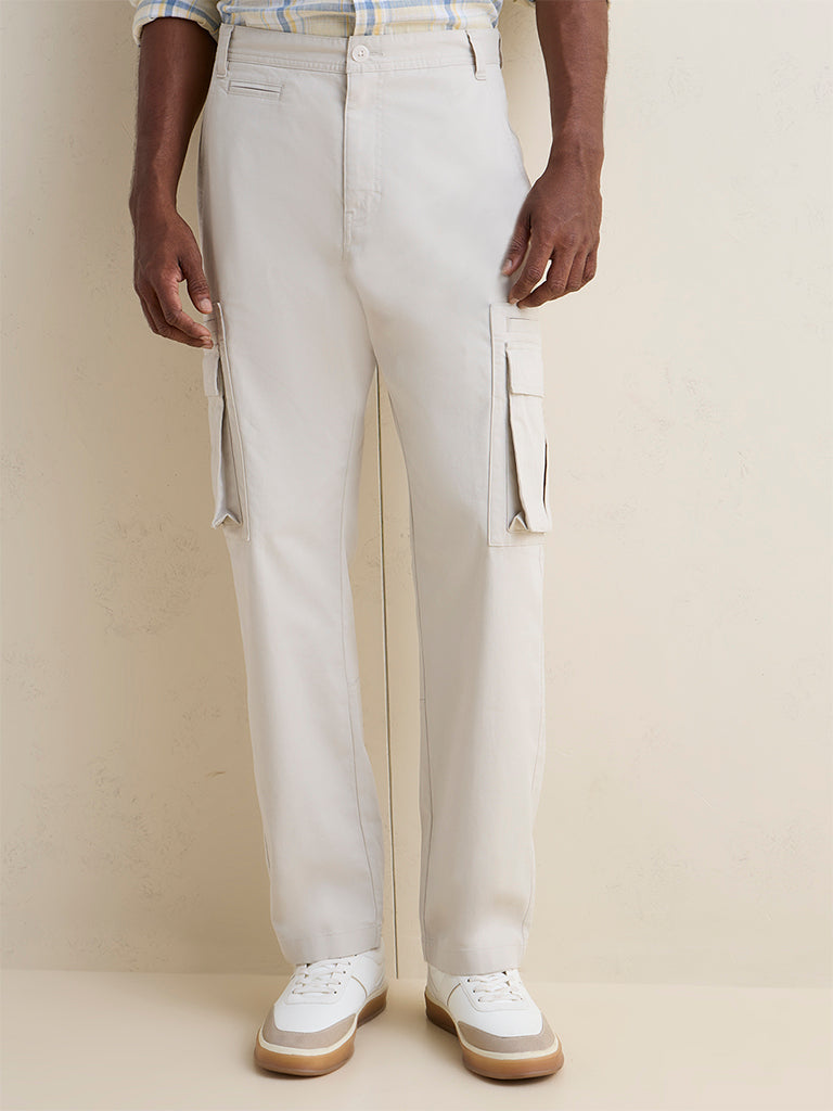 WES Casuals Off-White Relaxed-Fit Mid-Rise Cotton Cargo Pants