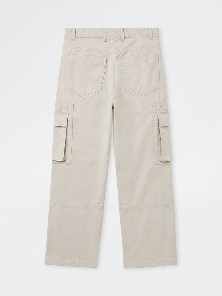 WES Casuals Off-White Relaxed-Fit Mid-Rise Cotton Cargo Pants