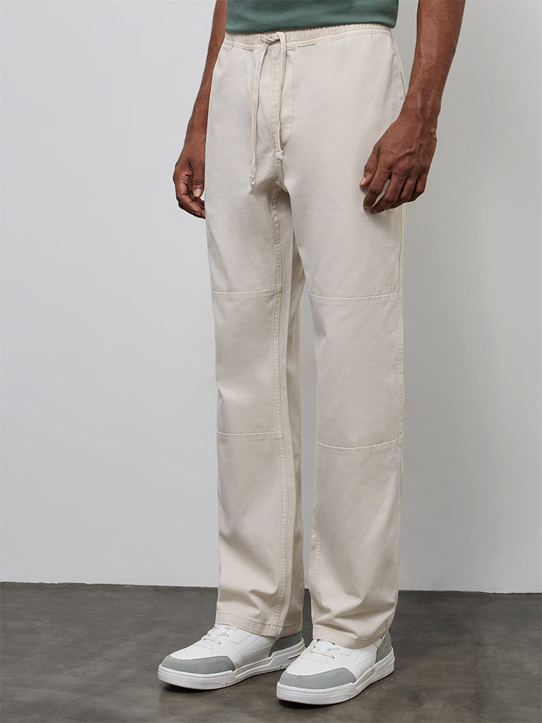 WES Casuals Off-White Relaxed-Fit Mid-Rise Cotton Pants