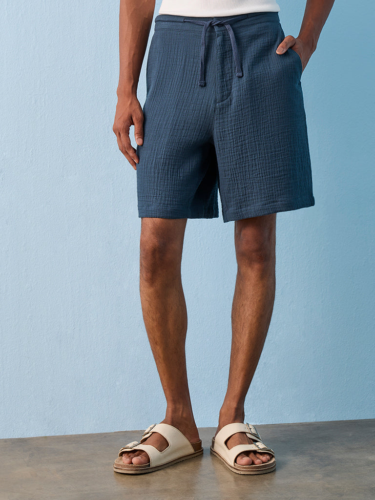 ETA Indigo Crinkle Textured Relaxed-Fit Mid-Rise Cotton Shorts