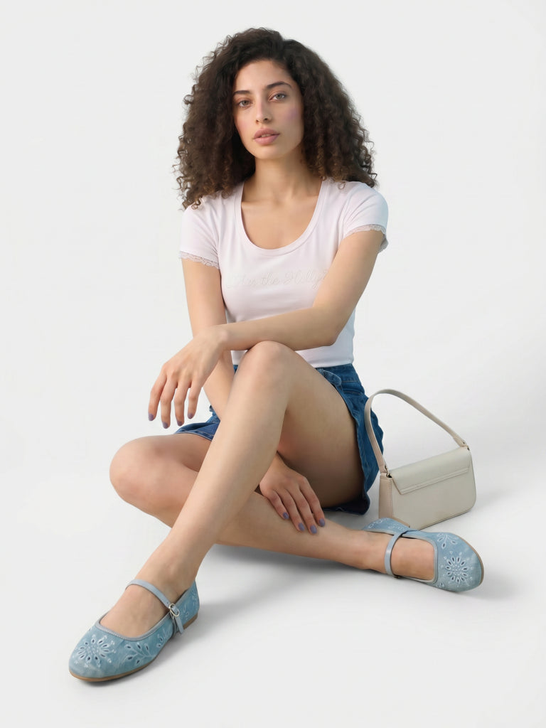 LUNA BLU Blue Schiffli-Detailed Denim Mary Jane Shoes