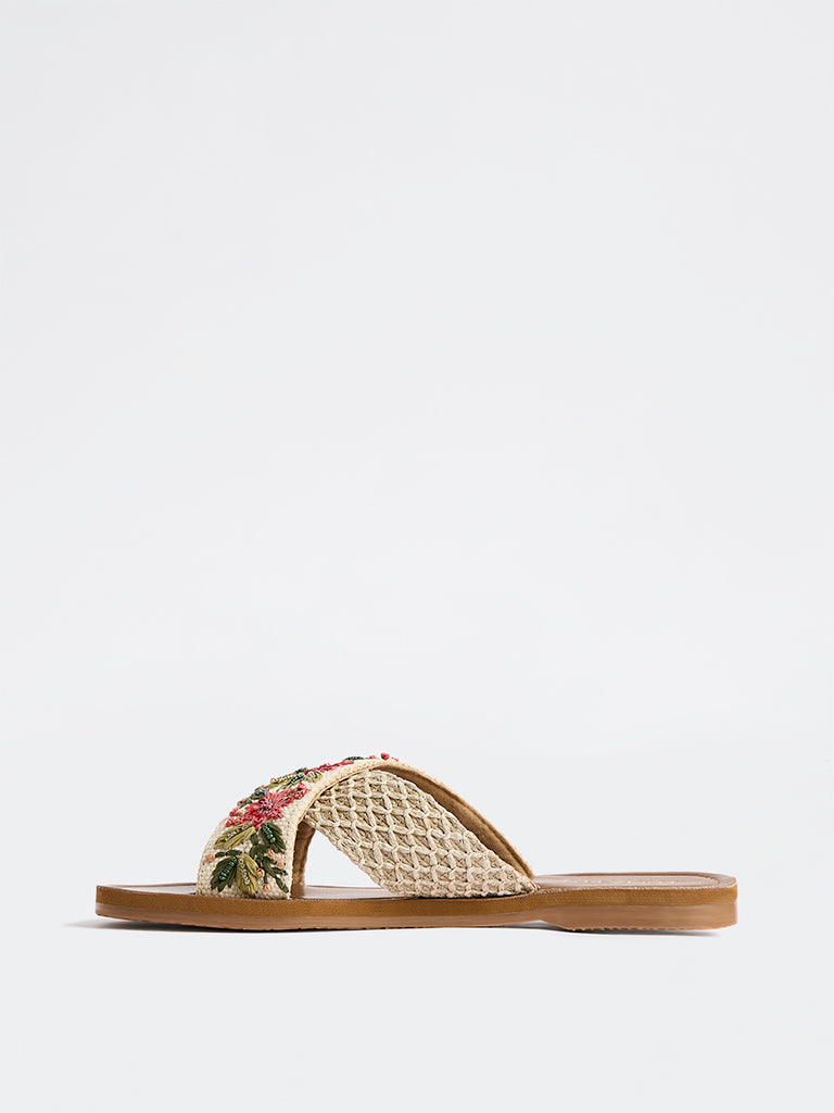 LUNA BLU Beige Floral Embroidered Slides