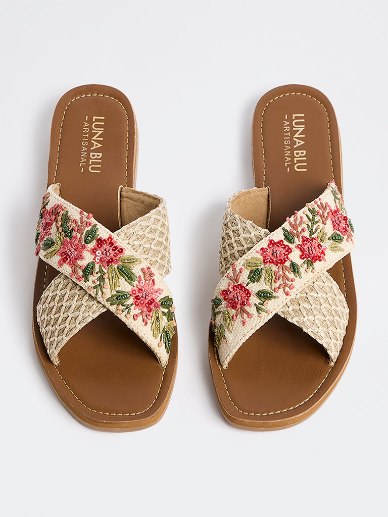 LUNA BLU Beige Floral Embroidered Slides