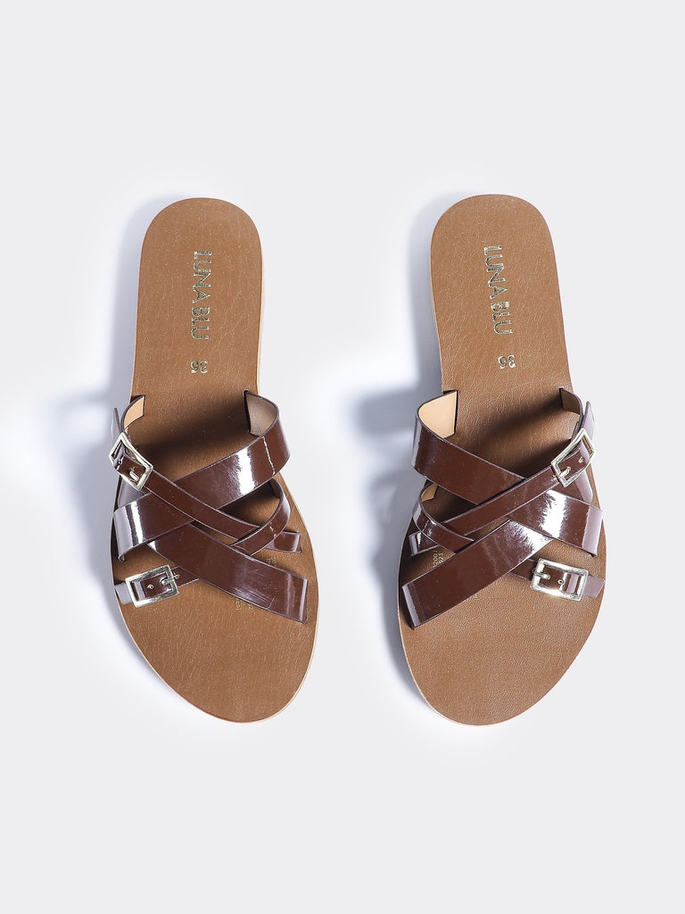 LUNA BLU Woman Brown Dual-Buckle Strap Flat Sandals