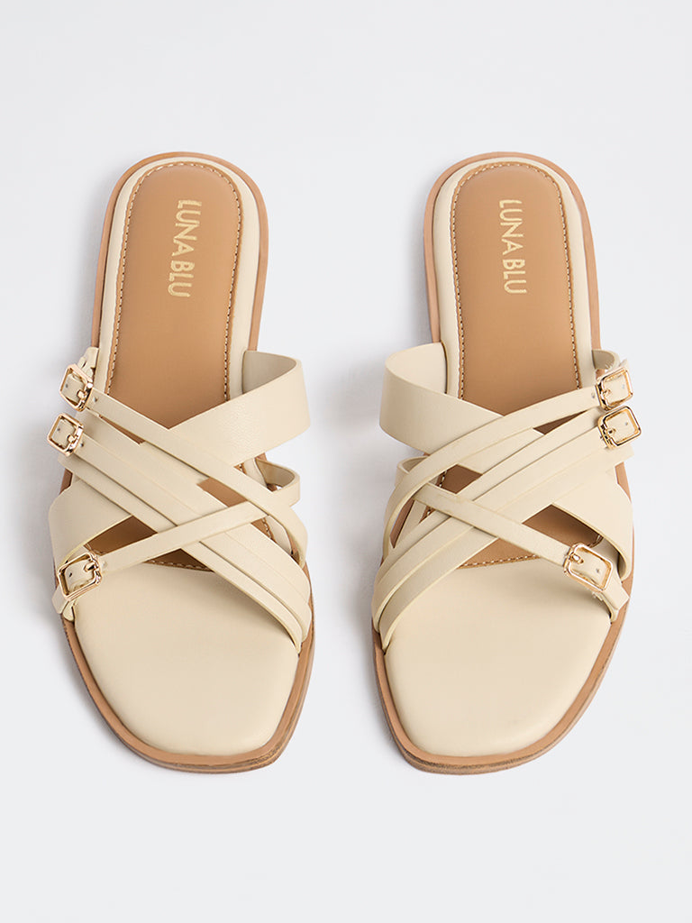 LUNA BLU Ivory Criss-Cross Strap Slides