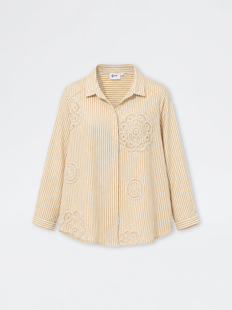 Gia Beige Floral Embroidered Cotton Shirt