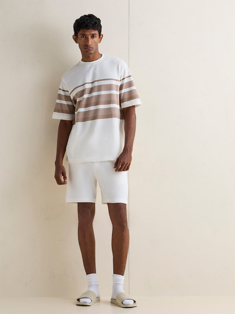 WES Lounge Off-White Striped Relaxed-Fit Cotton-Blend T-Shirt