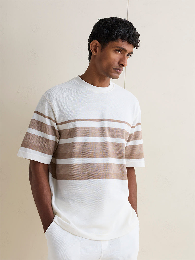 WES Lounge Off-White Striped Relaxed-Fit Cotton-Blend T-Shirt