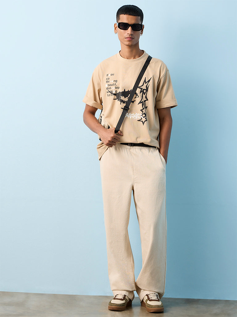 Nuon Off-White Solid Loose-Fit Mid-Rise Jeans