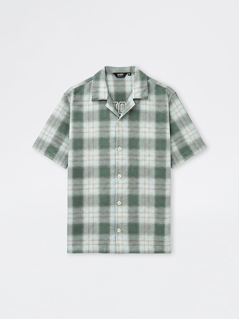 Nuon Green Checkered Relaxed-Fit Cotton Shirt