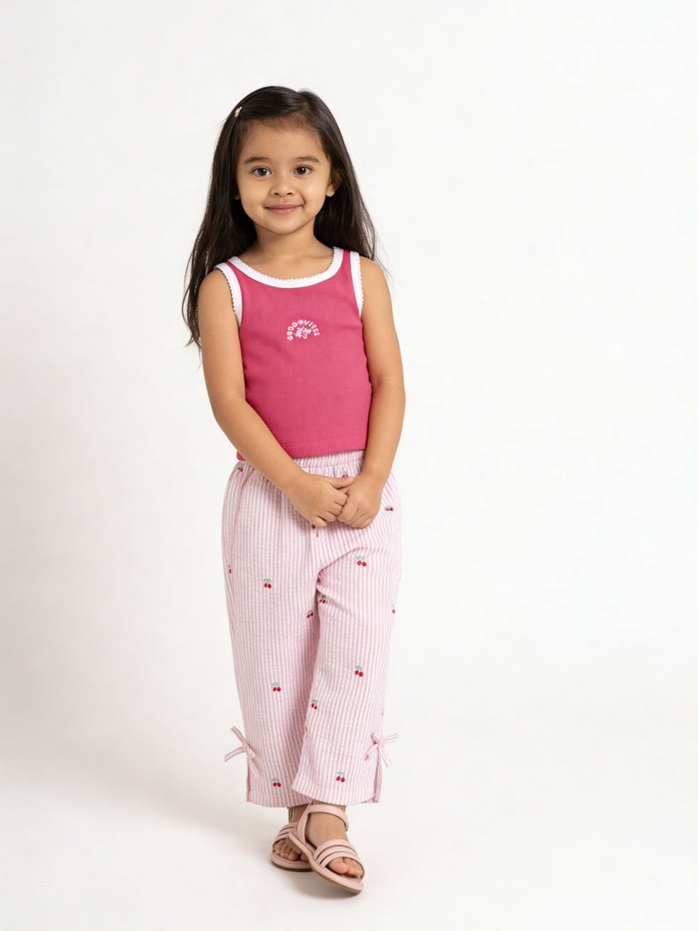 HOP Kids Girls Pink Striped Wide Leg Cotton Pants