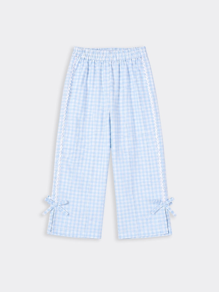 HOP Kids Girls Blue Gingham Lace Trim Wide Leg Pants