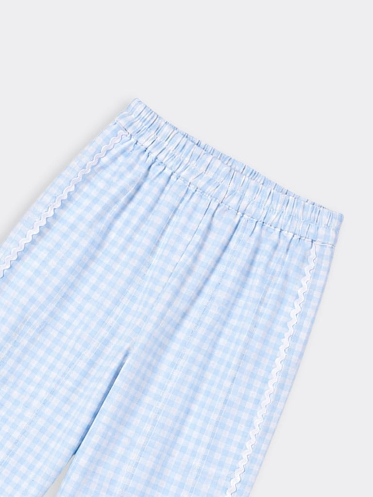 HOP Kids Girls Blue Gingham Lace Trim Wide Leg Pants
