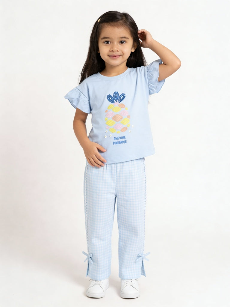 HOP Kids Girls Blue Gingham Lace Trim Wide Leg Pants