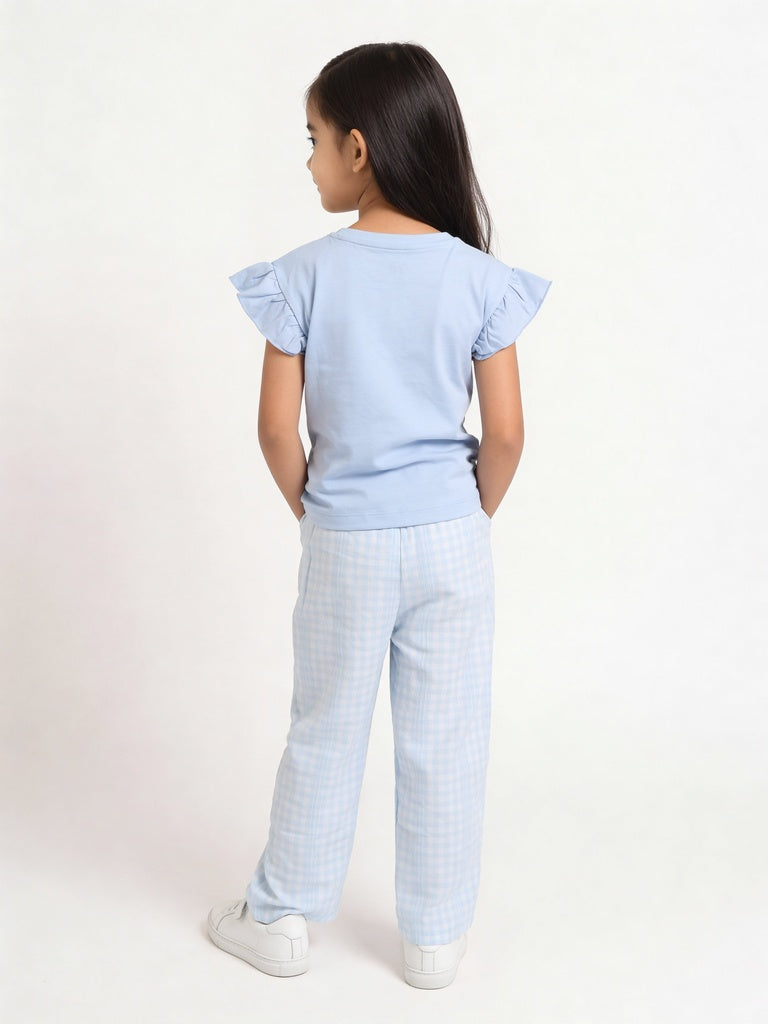 HOP Kids Girls Blue Gingham Lace Trim Wide Leg Pants
