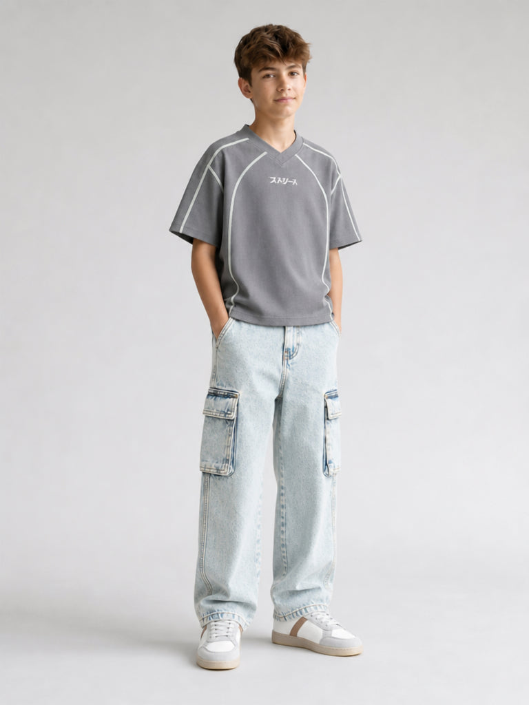Boys Grey Text-Printed T-Shirt