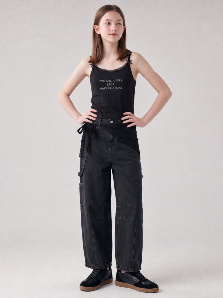 Girls Charcoal Lace Tie-Up Detail Barrel-Fit High-Rise Jeans