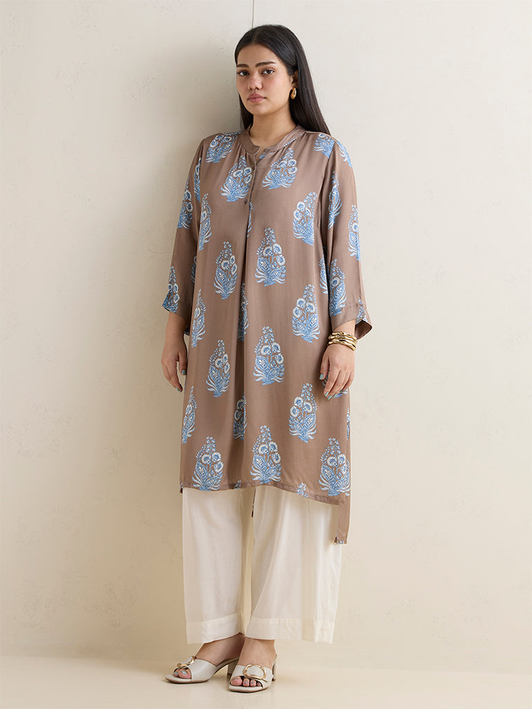Diza Brown Floral Printed High-Low Kurta