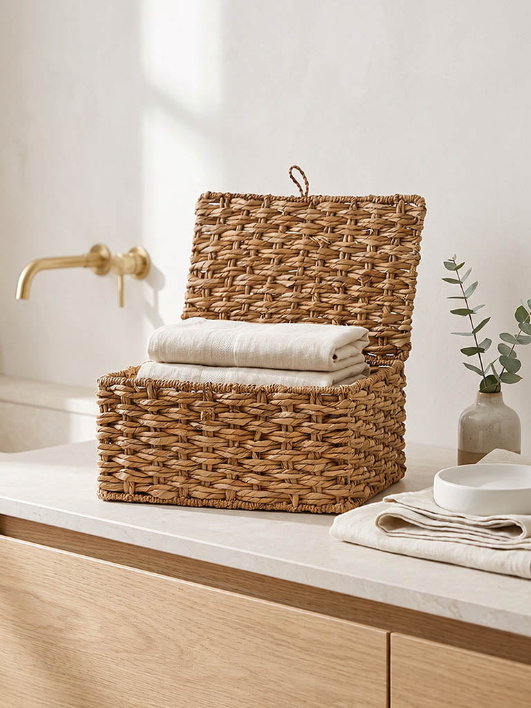 Westside Home Beige Woven Design Suitcase Basket