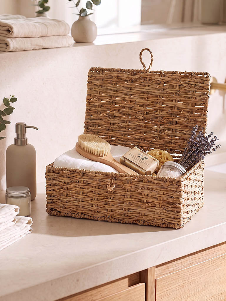 Westside Home Beige Woven Design Suitcase Basket