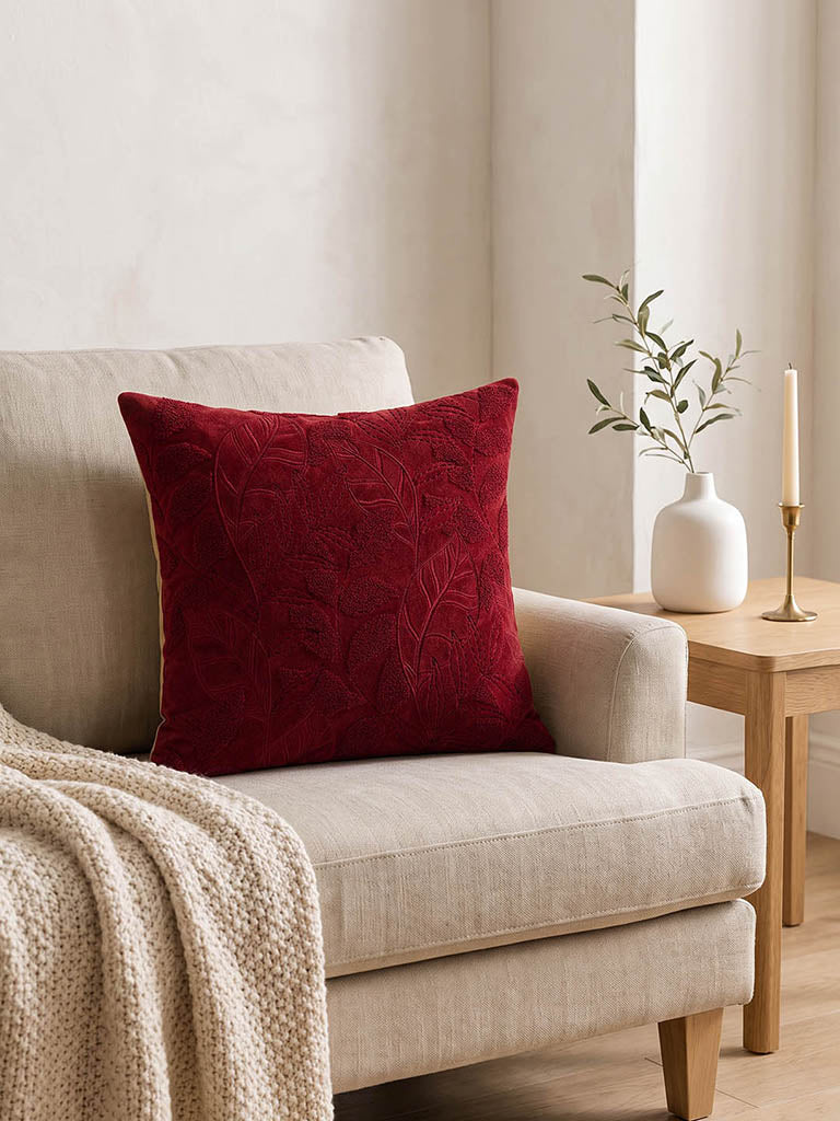 Westside Home Red Botanical Embroidered Velvet Cushion Cover