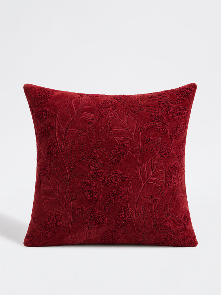 Westside Home Red Botanical Embroidered Velvet Cushion Cover