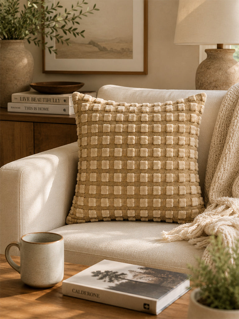 Westside Home Beige Checkered Texture Cushion Cover