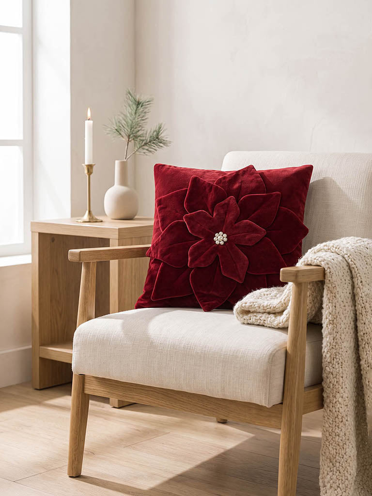 Westside Home Red Floral Design Velvet Cushion Cover