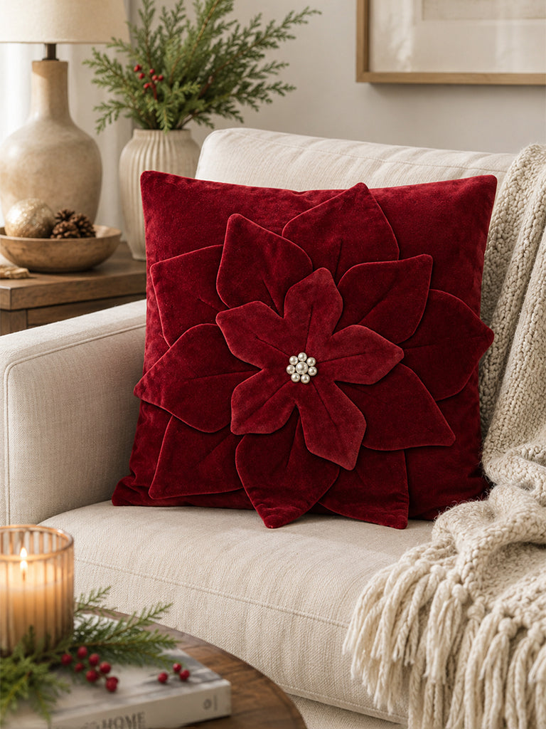 Westside Home Red Floral Design Velvet Cushion Cover