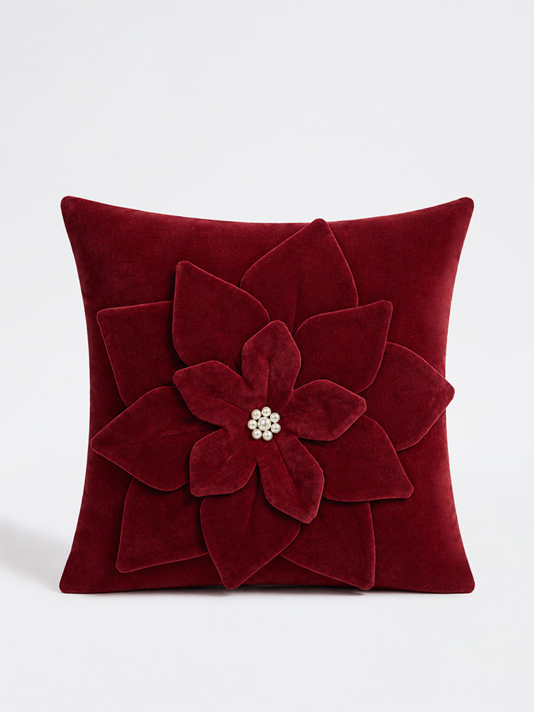 Westside Home Red Floral Design Velvet Cushion Cover