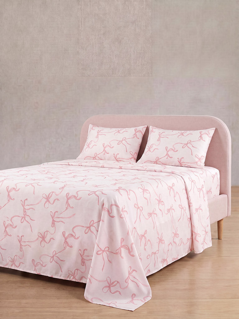 Westside Home Pink Bow Printed Queen Bedsheet Set