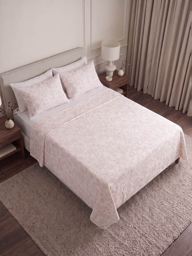 Westside Home Off-White Floral Printed Queen Bed Sheet Set