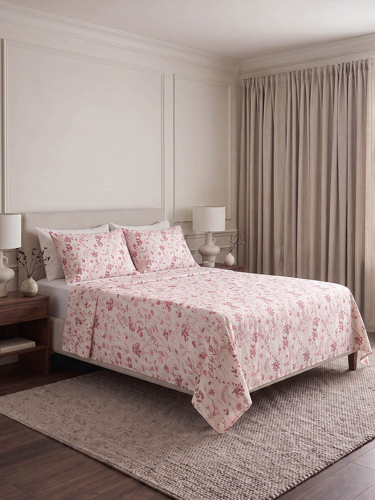 Westside Home Dusty Pink Botanical Printed Queen Bed Sheet Set