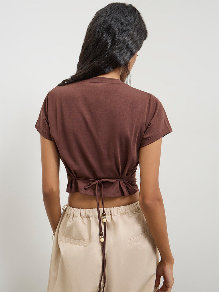 Nuon Brown Text Printed T-Shirt