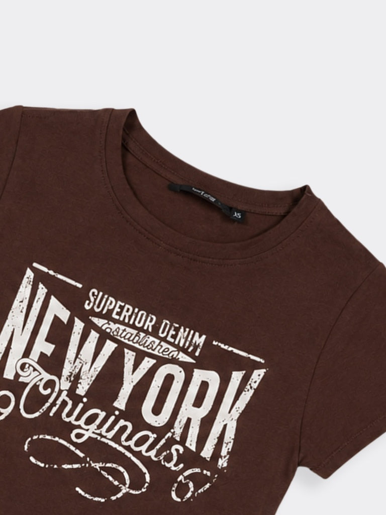 Nuon Brown Text Printed T-Shirt
