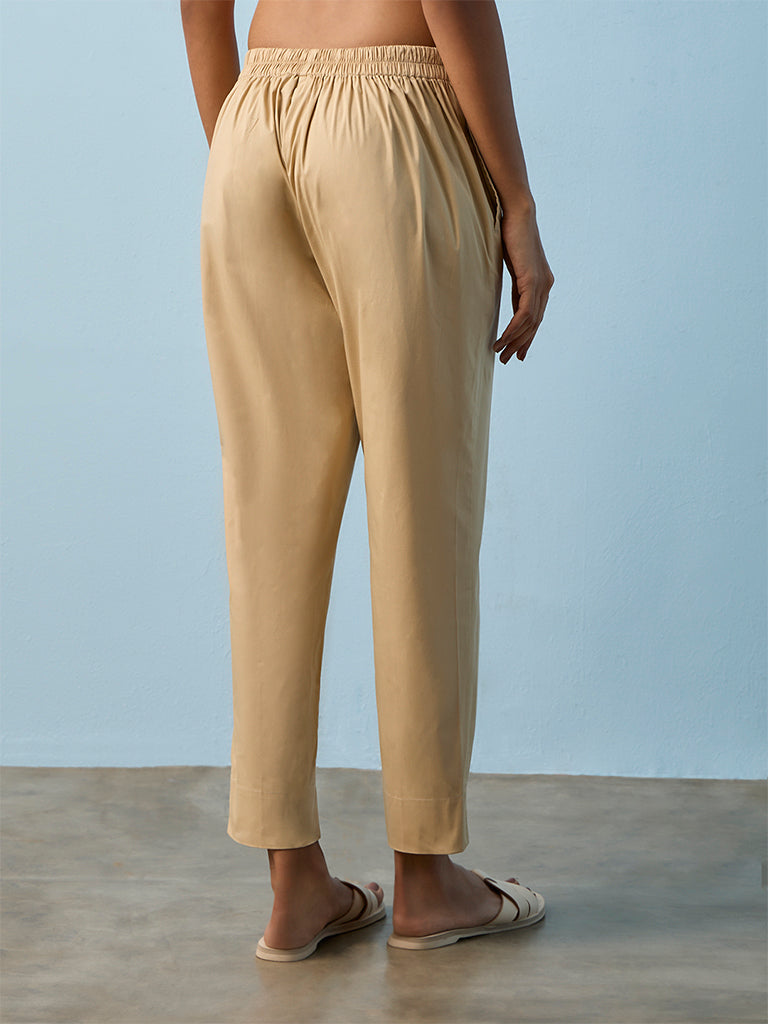 Utsa Beige Solid Cotton-Blend Pants