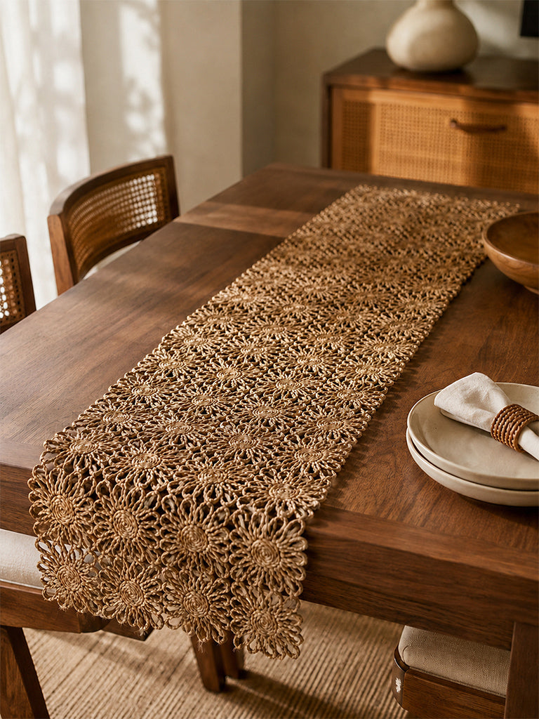 Westside Home Beige Floral Woven Textured Jute Table Runner